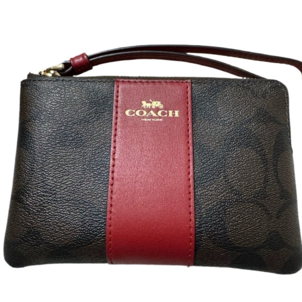 COACH Corner Zip Wristlet F34650 Signature Khaki Oxblood